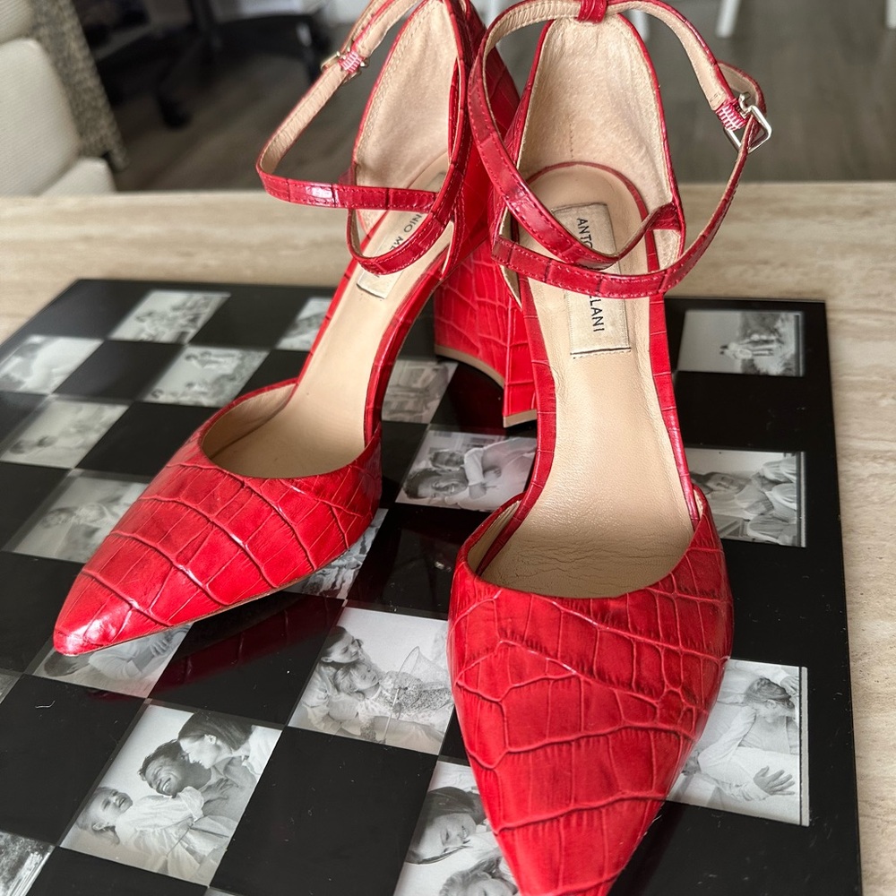 Antonio Milani Red Patterned Heels with Ankle Strap